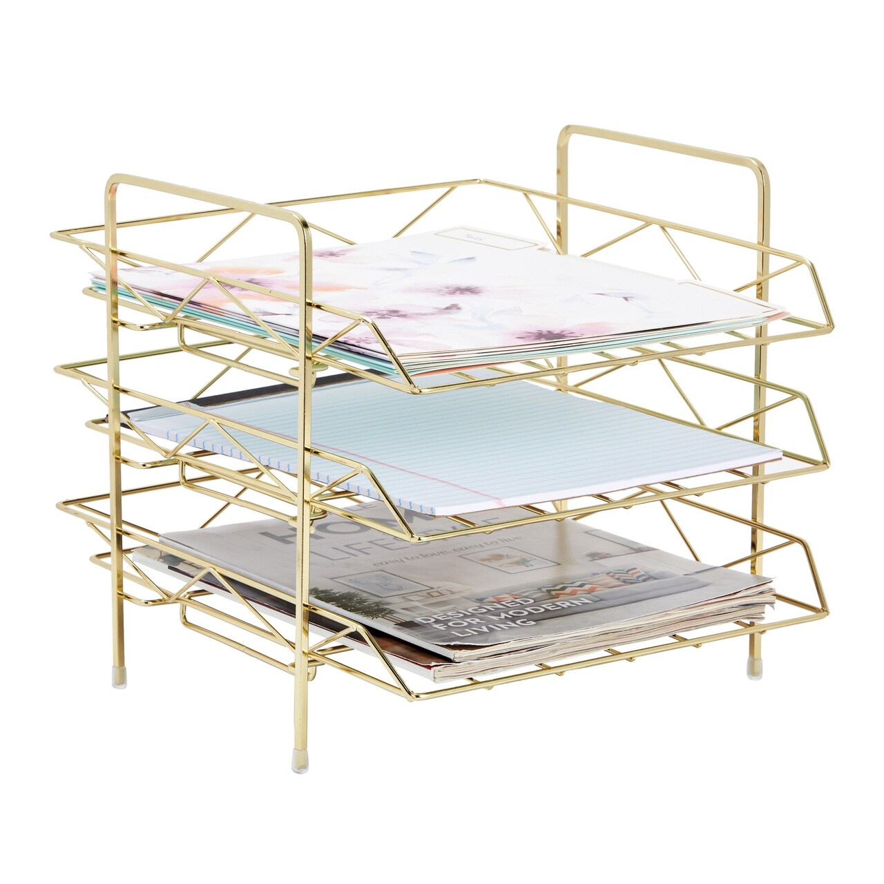 3-Tier Metal File Holder for Home or Office Desk Supplies and Documents (Gold-Colored, 13 x 11 x 2 In)